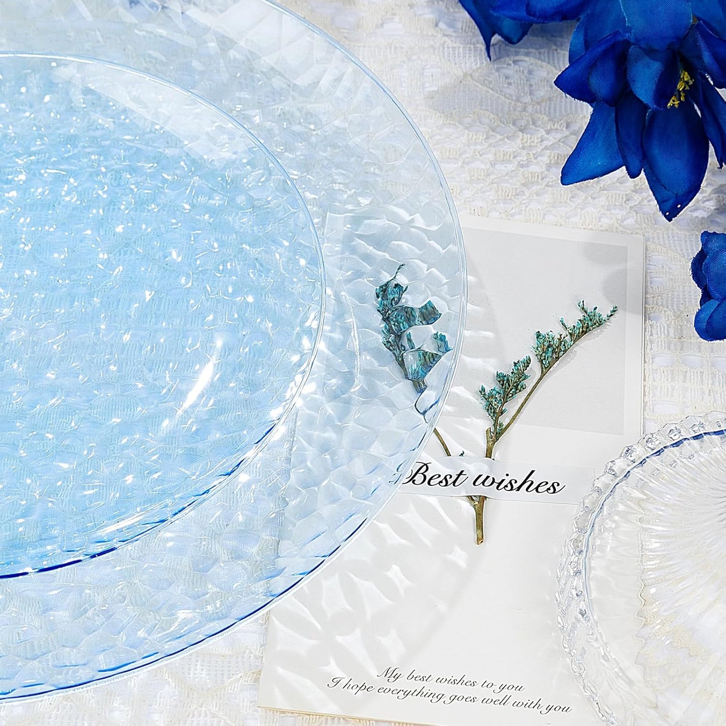 Rubtlamp 100 Pcs Blue Plastic Plates, Blue Heavy Duty plastic Plates, Clear-blue Fancy Disposable Plates, Hammered Plastic plates Include 50 Pcs Dessert Platos, 50 Pcs Dinner Platos for Party