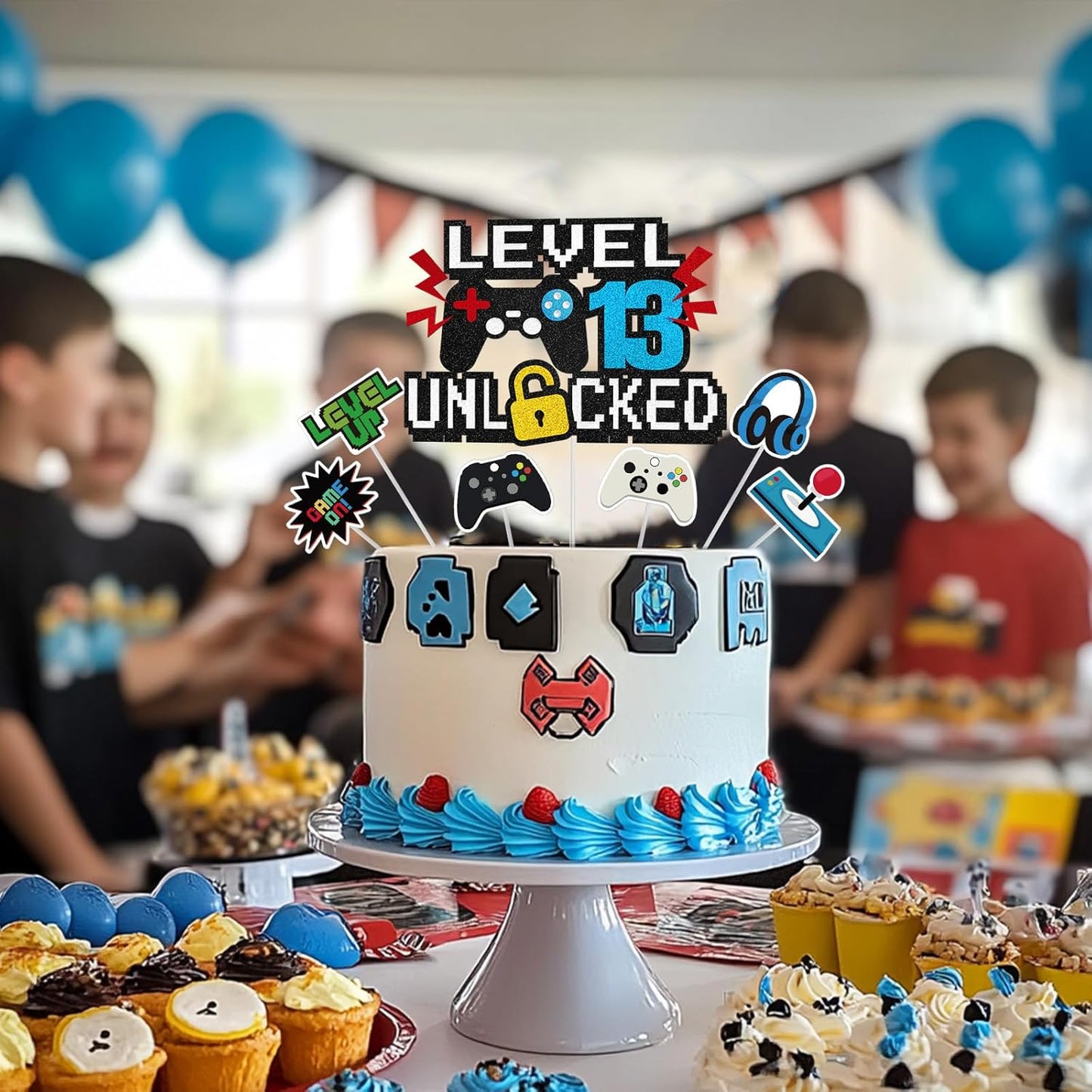 Video Game Cake Topper, Level 13 Unlocked Cake Topper, Happy 13th Birthday Game Party Decorations for Boys Girls, Video Game Controller Themed Birthday Party Supplies for Game Fans, Kids and Men