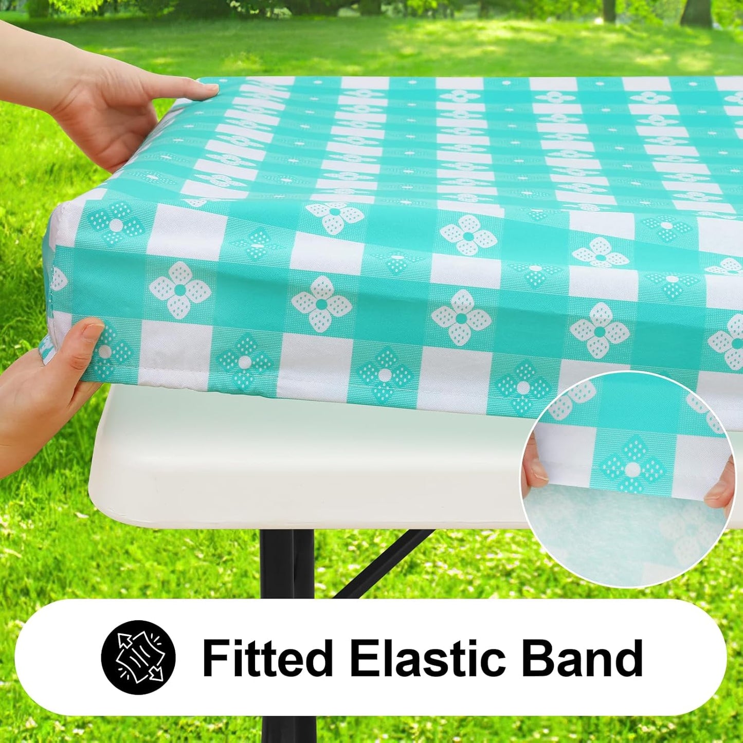 Rectangle Vinyl Table Cloth, Waterproof Elastic Fitted Tablecloth with Flannel Backing, Plastic Table Cover for Picnic, Camping, Outdoor (White & Teal, 30"x48")