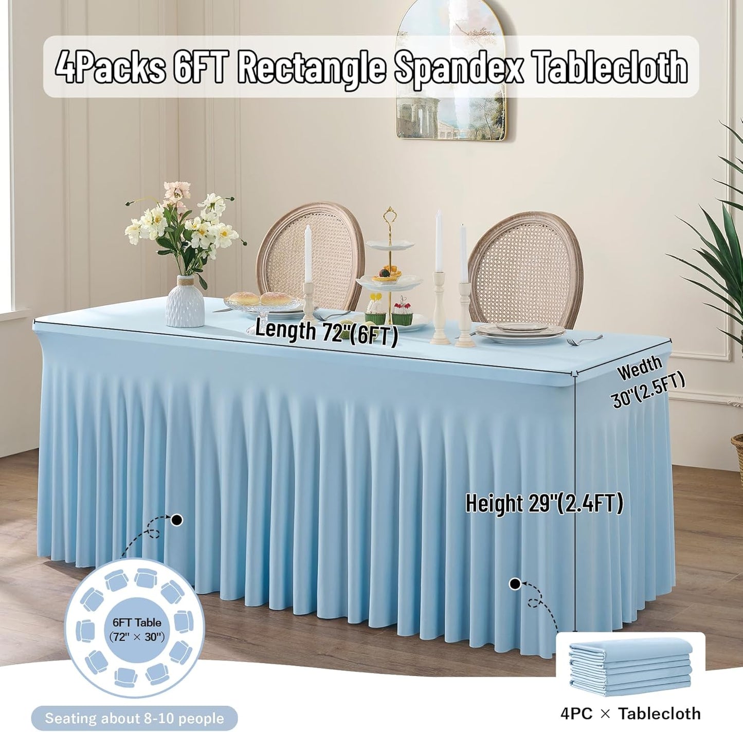 leegleri 4 Pack Blue Spandex Table Clothes for 6 Foot Rectangle Tables, Wrinkle Free Fitted Table Cover 6ft Stretch Tablecloths with Skirt for Parties Weddings Birthday Banquet Baby Shower