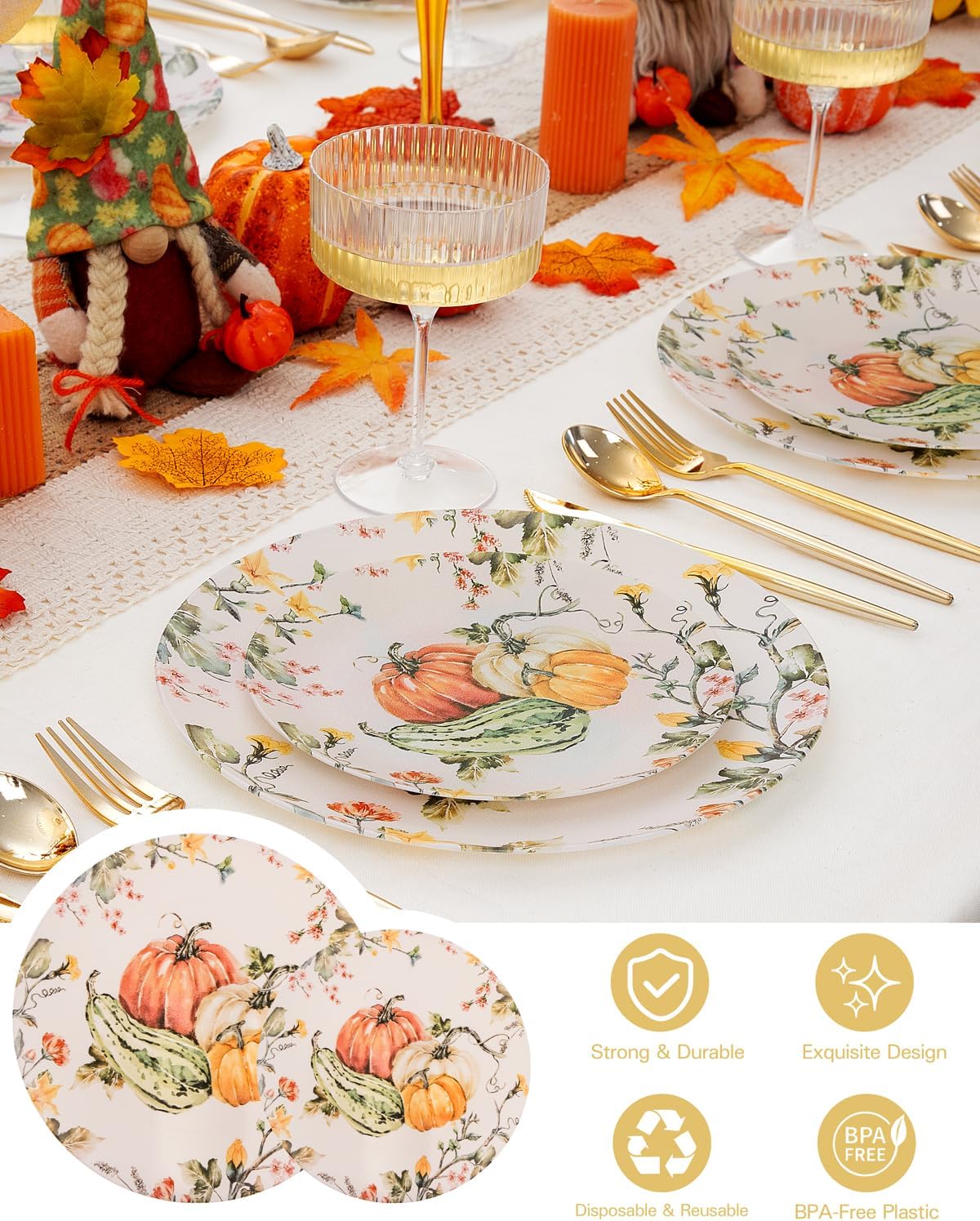 LIYH 60 Pcs Thanksgiving Plates Disposable Heavy Duty Thanksgiving Pumpkin Plastic Plates Fall Plastic Plate Include 30 10.25" Dinner & 30 7.5" Dessert Plate