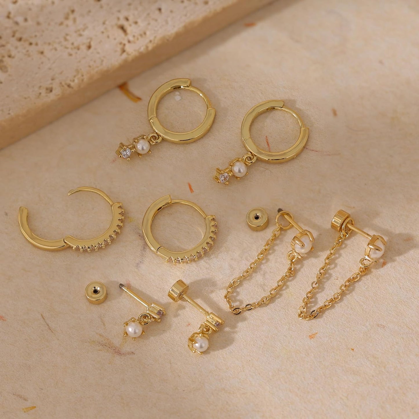 Gold Earrings for Women, 14k Gold Plated Dangle Huggie Earrings for Women Trendy Dainty Gold Hoop Earring Stacks Hypoallergenic Pearl Chain Drop Cartilage Earring Fashion Womens Jewelry