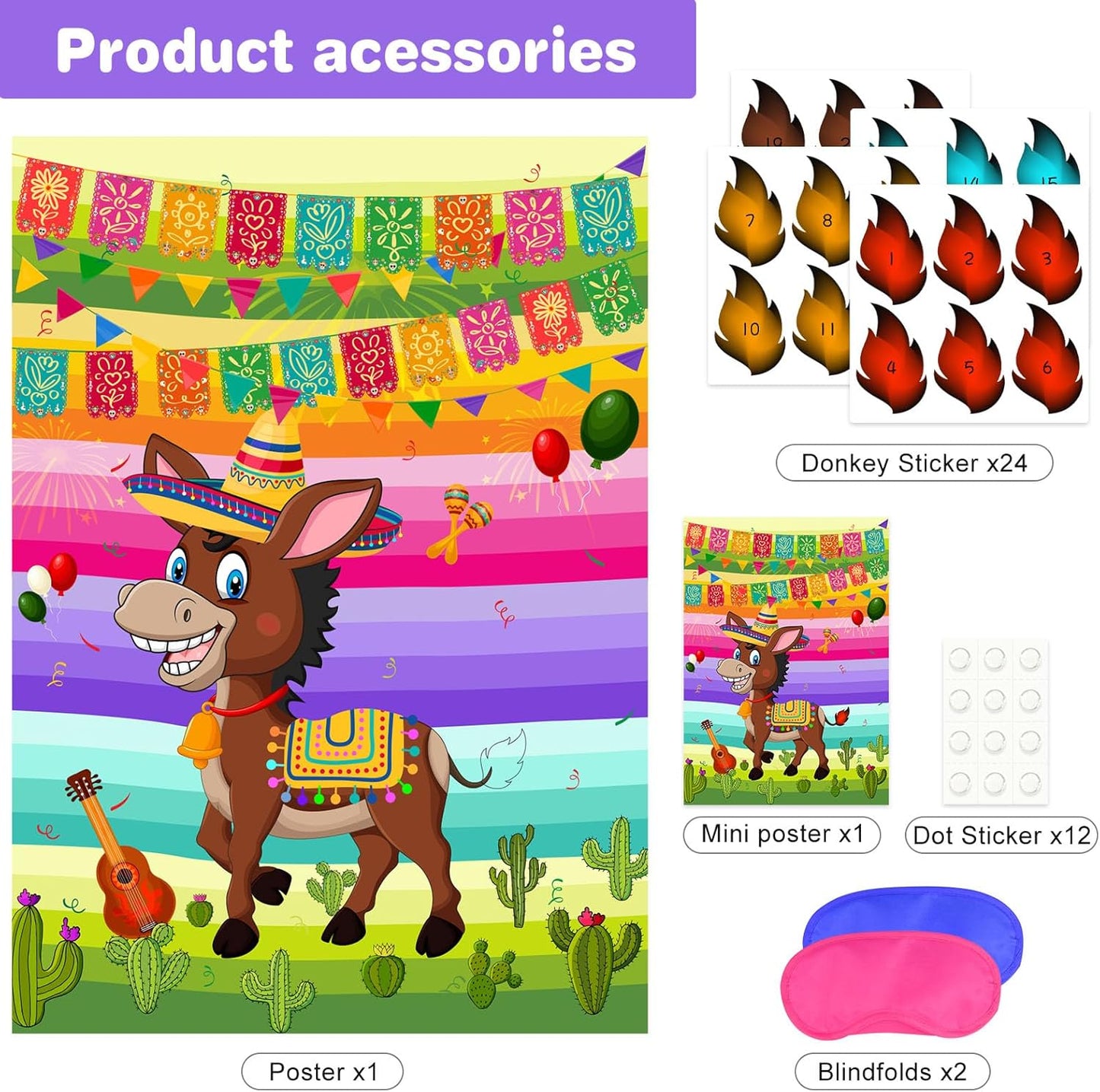 NEBURORA Pin The Tail on The Donkey Mexican Donkey Game with 24Pcs Tails Cinco De Mayo Party Mexican Party Fiesta Themed Taco Party Decorations Kids Birthday Supplies