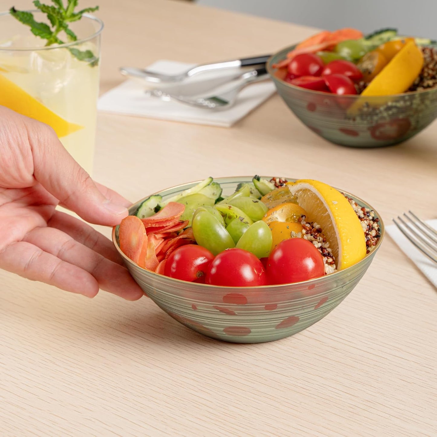 Restaurantware Plastic Bowls 20 Pcs 16 oz Gold Rimmed Disposable Soup Bowls Heavy-Duty Green Translucent Rippled Dinnerware Containers for Party, Desserts, Salads, Snacks, and Catering