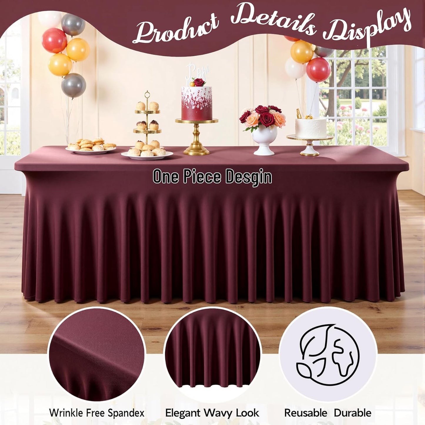 leegleri 6 Pack Burgundy Spandex Table Clothes for 6 Foot Rectangle Tables, Wrinkle Free Fitted Table Cloth 6ft Stretch Tablecloths for Parties Weddings Birthday Banquet Baby Shower