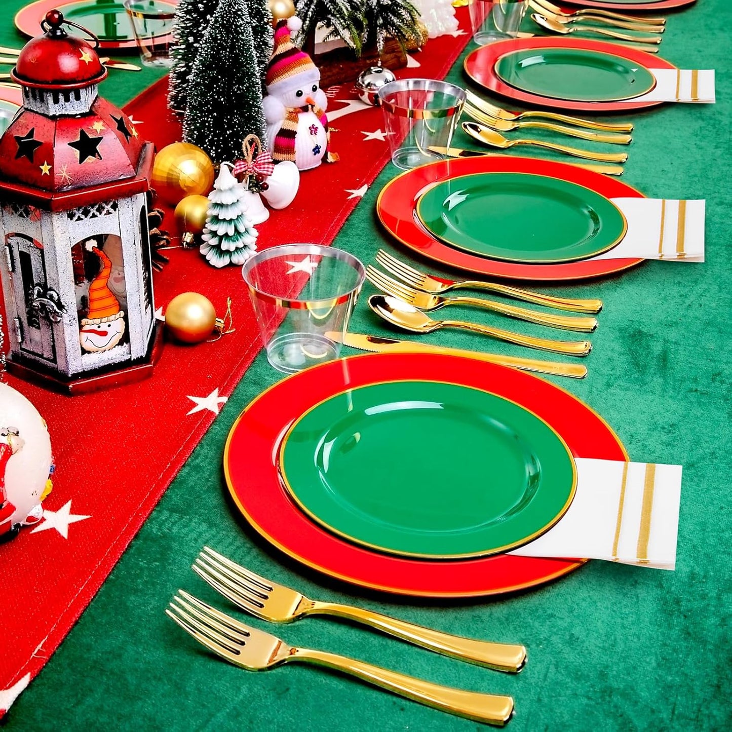 SUT 350pcs Green and Red Plastic Plates For 50 Guests, Plates Disposable Heavy Duty, Plastic Plates Disposable, Party Plates And Cups And Napkins Sets, Disposable Plates for Party and Wedding