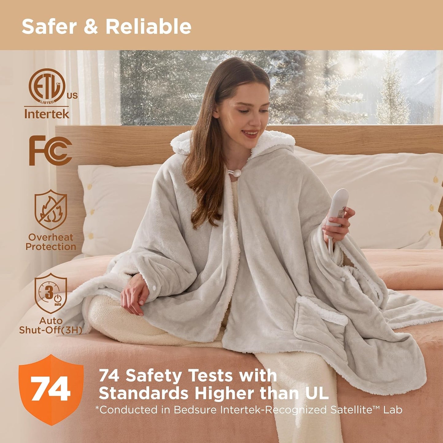 Bedsure Heated Blanket Wearable Shawl - Electric Wrap Poncho Blanket Hoodie for Adult, Winter Gifts for Mom Women Girlfriend, Warm Sherpa Heating Throw, Auto Shut Off, 55x64 inches, Cream