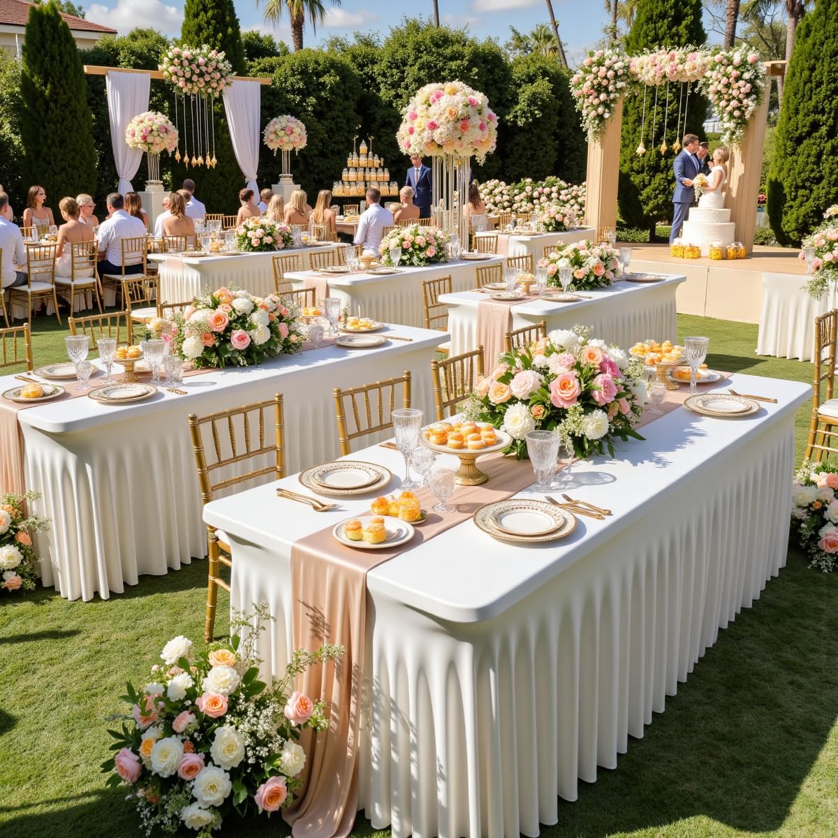 leegleri 2 Pack Ivory Spandex Fitted Table Clothes for 8 Foot Rectangle Tables, Wrinkle Free 8ft Spandex Table Cover with Skirt for Banquet Weddings Parties