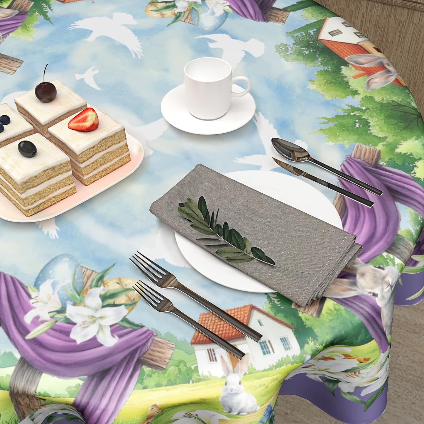 Giwawa Easter Cross Round Tablecloth 60 Inch Spring Bunny Rabbits Eggs Hunt Table Cloth for Kitchen Dining Lily Flowers Polyester Table Cover Holiday Party Picnic Farmhouse Decoration