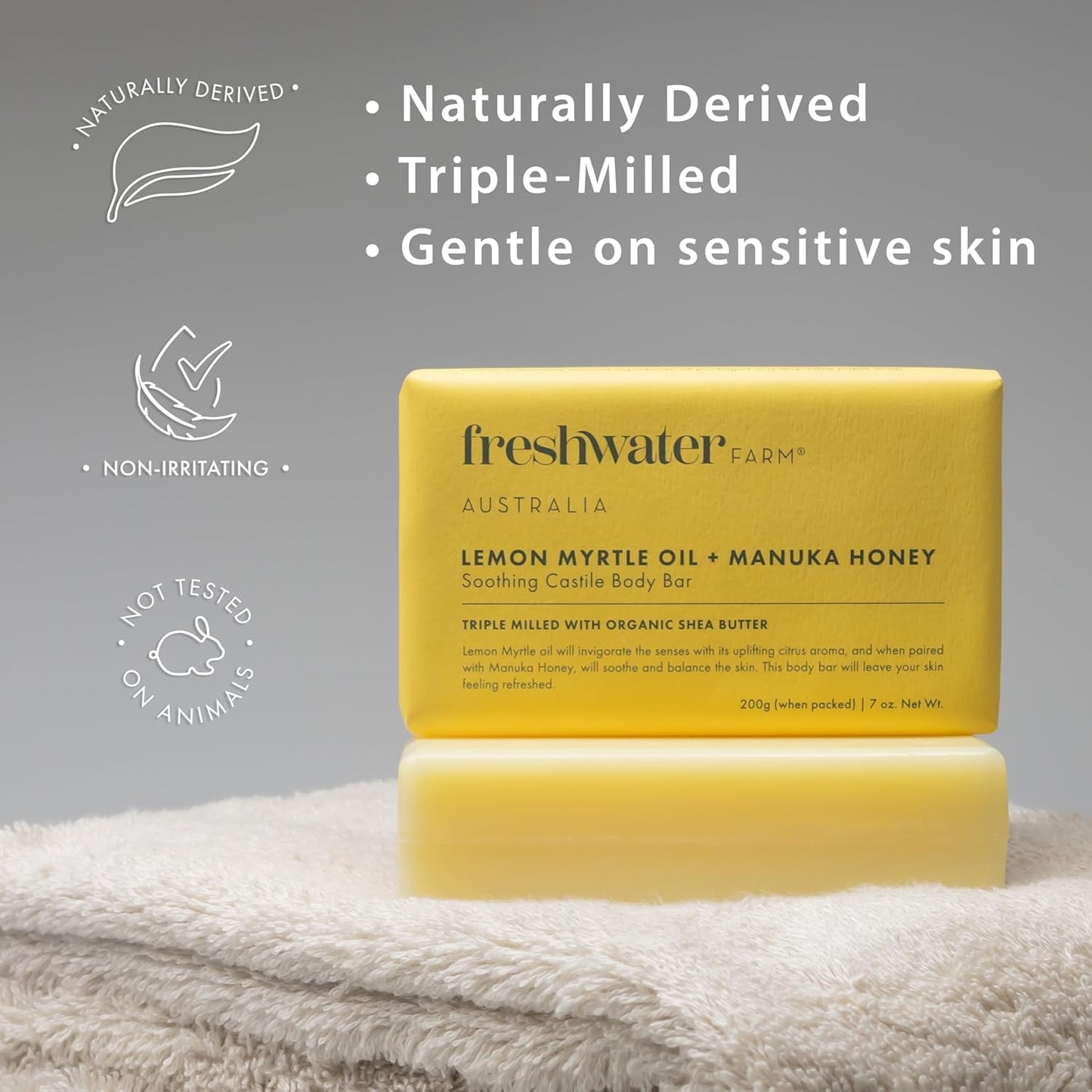 Freshwater Farm Australia Natural Soap Bar- Lemon Myrtle+Manuka Honey- 7 oz x 8 Pack- Castile Bar Soap, Natural Soap Bar, Bar Soap, Body Soap Bars- Essential Oils For Sensitive Skin