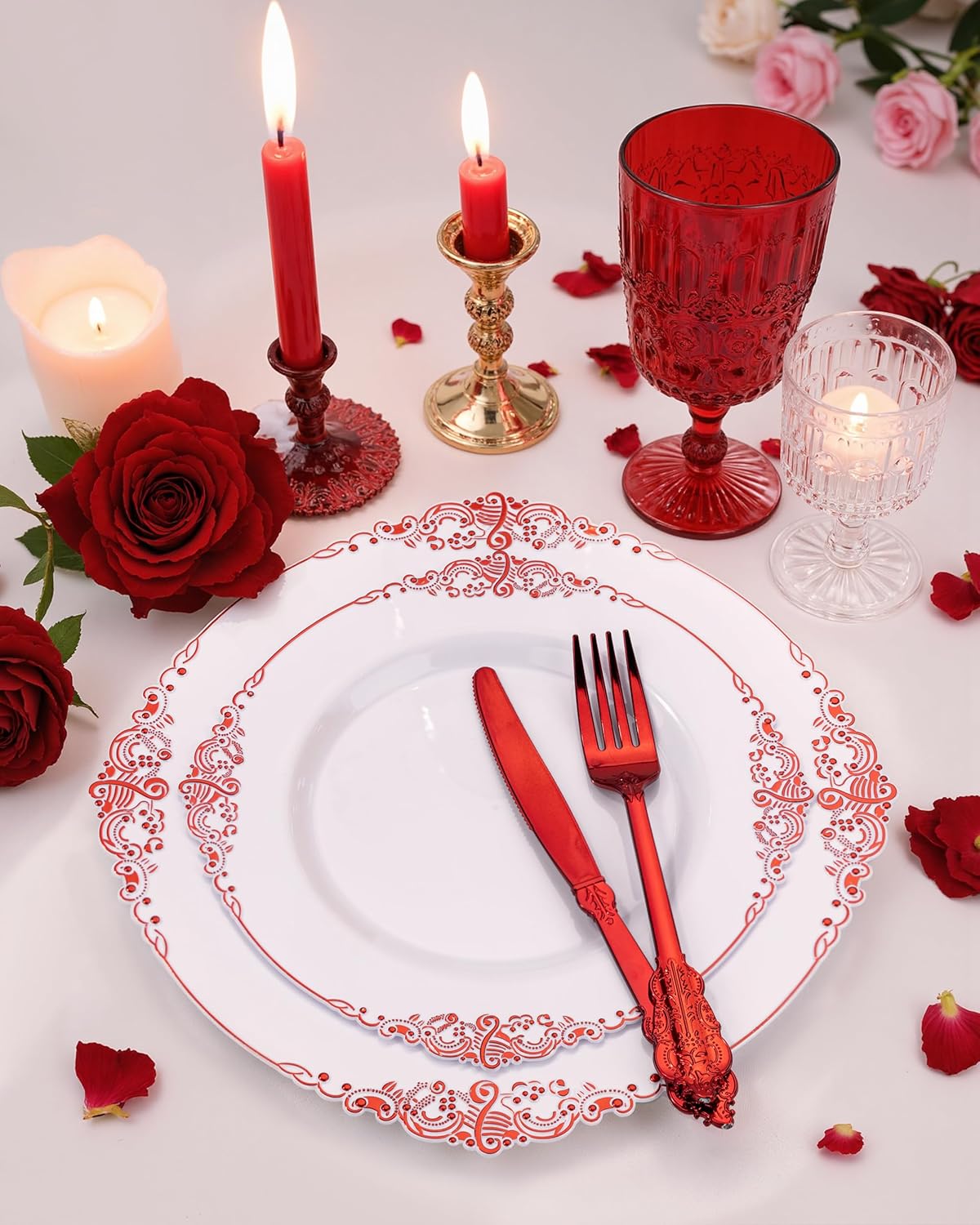 Nervure 175PCS Red Plastic Plates - White Red Plastic Dinnerware Sets for 25 Guests - 50 Red Disposable Plates, 25 Pre Rolled Cutlery Set, 25 Cups Perfect for Wedding, Party & Christmas