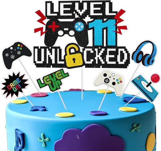 Video Game Cake Topper, Level 11 Unlocked Cake Topper, Happy 11th Birthday Game Party Decorations for Boys Girls, Video Game Controller Themed Birthday Party Supplies for Game Fans, Kids and Men