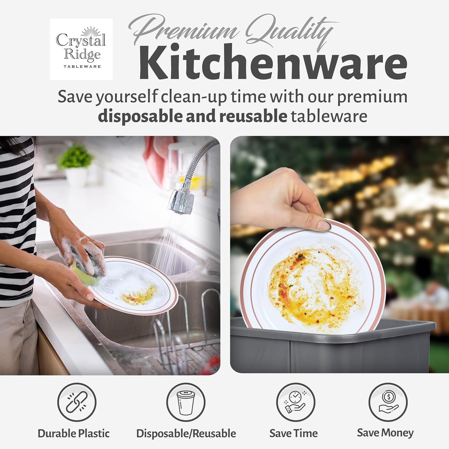 60 Pieces White Plastic Disposable Plates - Premium Heavy-Duty 30 Dinner Plates & 30 Salad Plates with Rose Gold Rim Ideal for Party, Birthday and Special Events