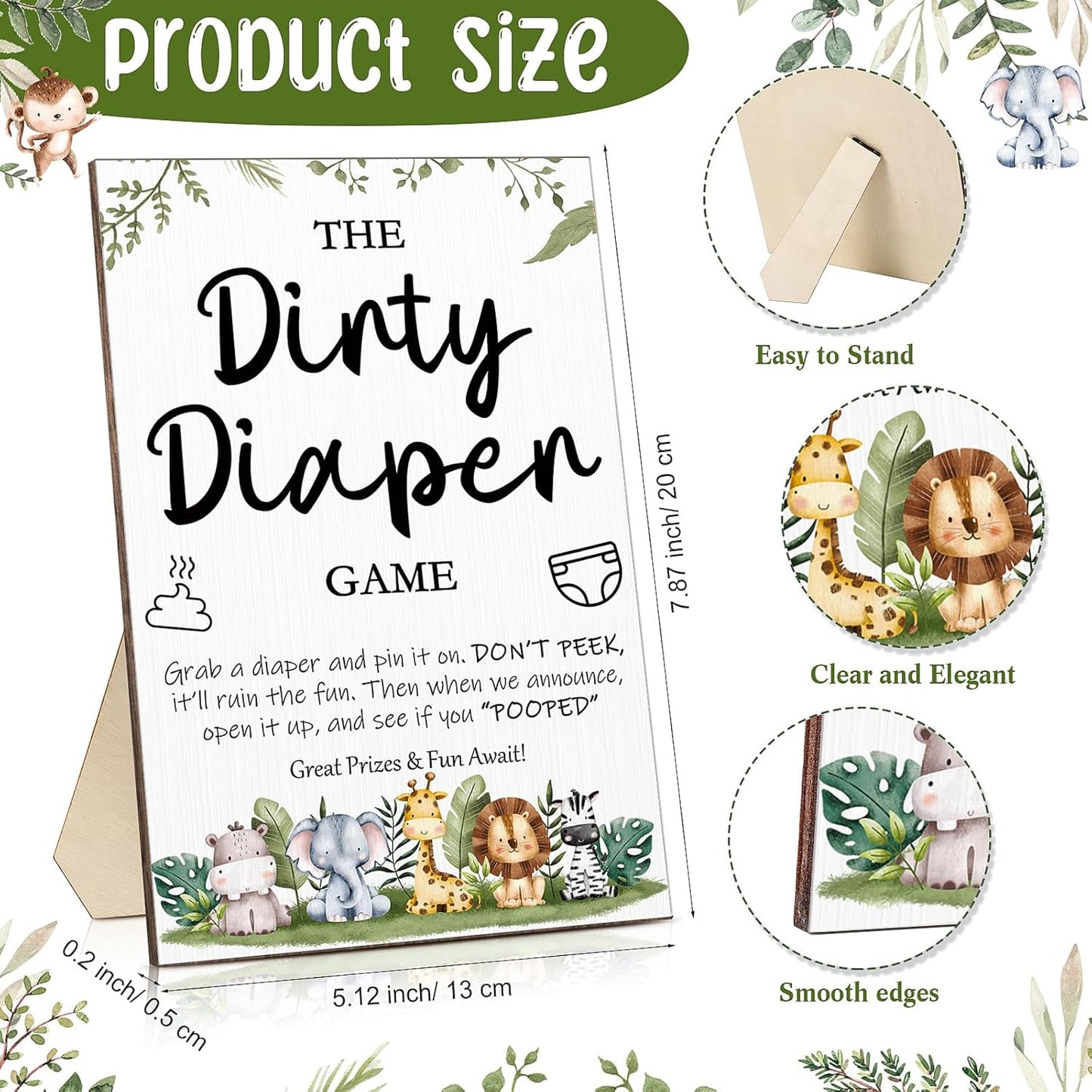 Roowest 51 Pcs Dirty Diaper Baby Shower Games Funny Wooden Sign with 50 Pcs Mini Diapers Cute Felt for Gender Reveal Party Baby Shower(Animals Blue)