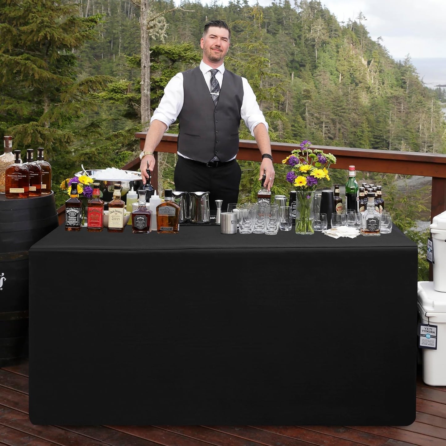 HolidayIdeas 2 Pack Fitted Table Covers Rectangle - 96 x 30 Inch - Black Linen Textured Tablecloths for 8 Foot Tables, Fabric Tableclothes for Party, Wedding, Trade Show