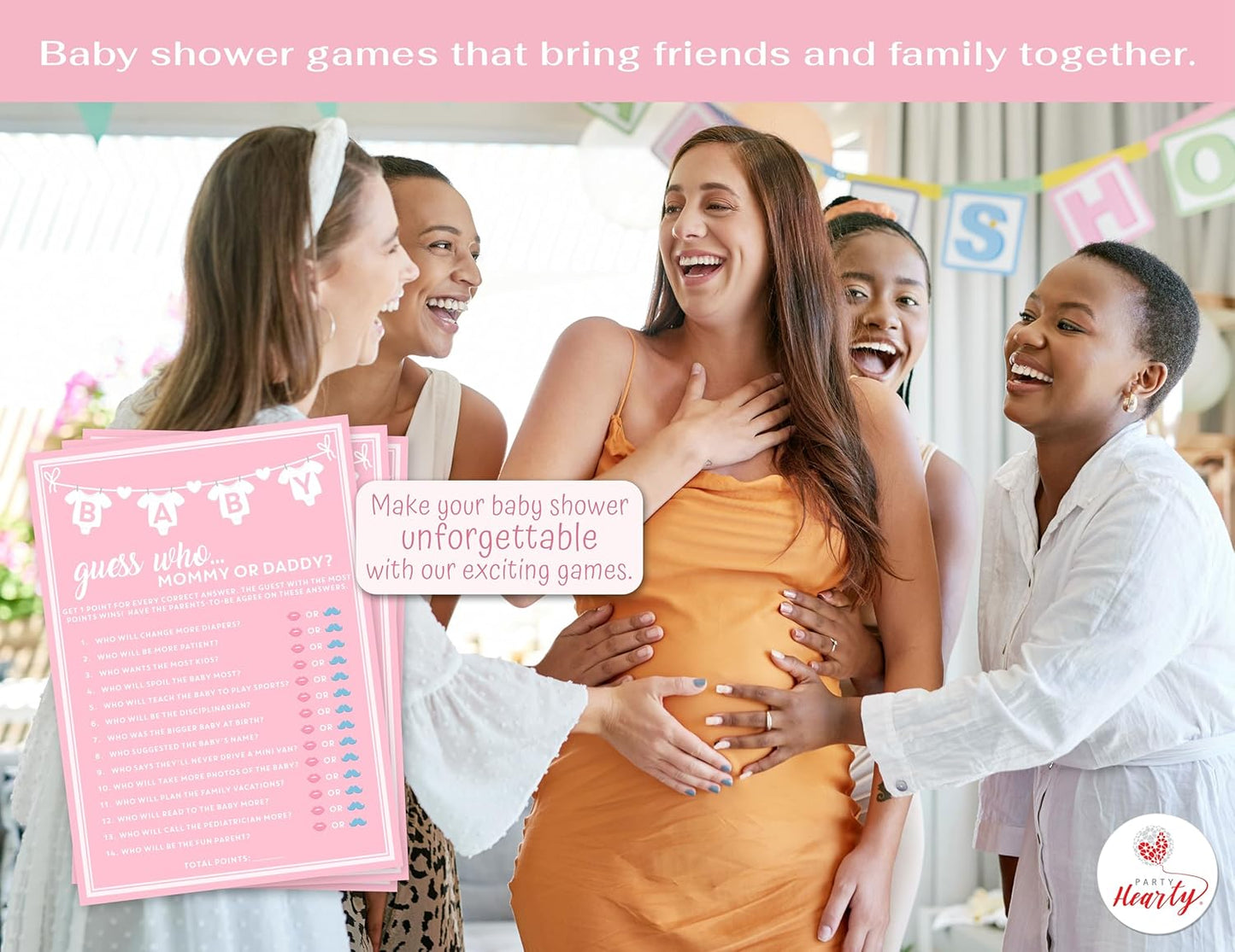 Party Hearty Baby Shower Games for Girl, 50 pcs Pink Mommy or Daddy Guess Who Game, Fun Activity Cards, Ideas