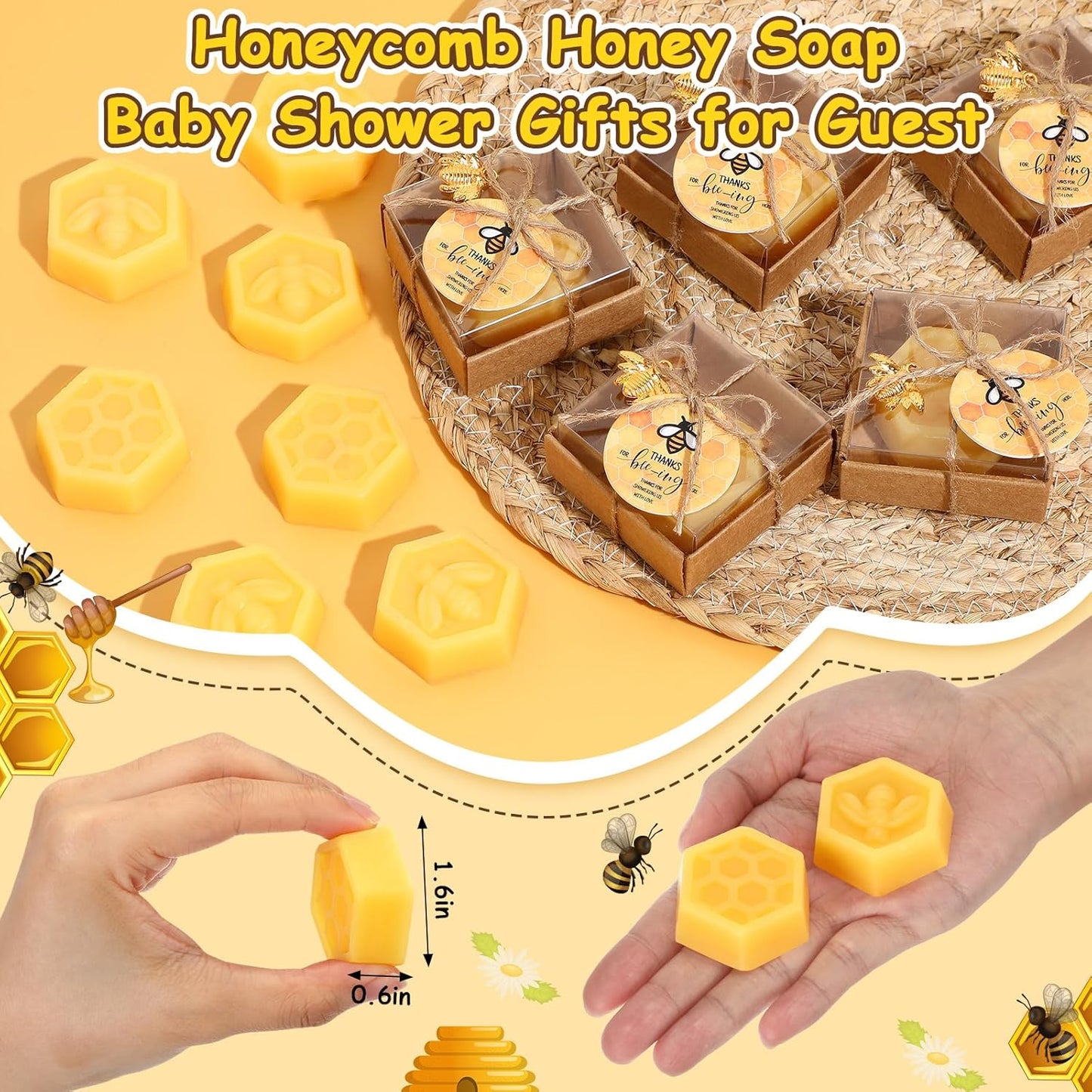 24 Set Baby Shower Bee Party Favors Honeycomb Bee Soap Handmade Scent Soaps with Gift Box Thank You Cards cute Charms for Guest Gender Reveal Keepsake Wedding gifts Decorations (Solid)
