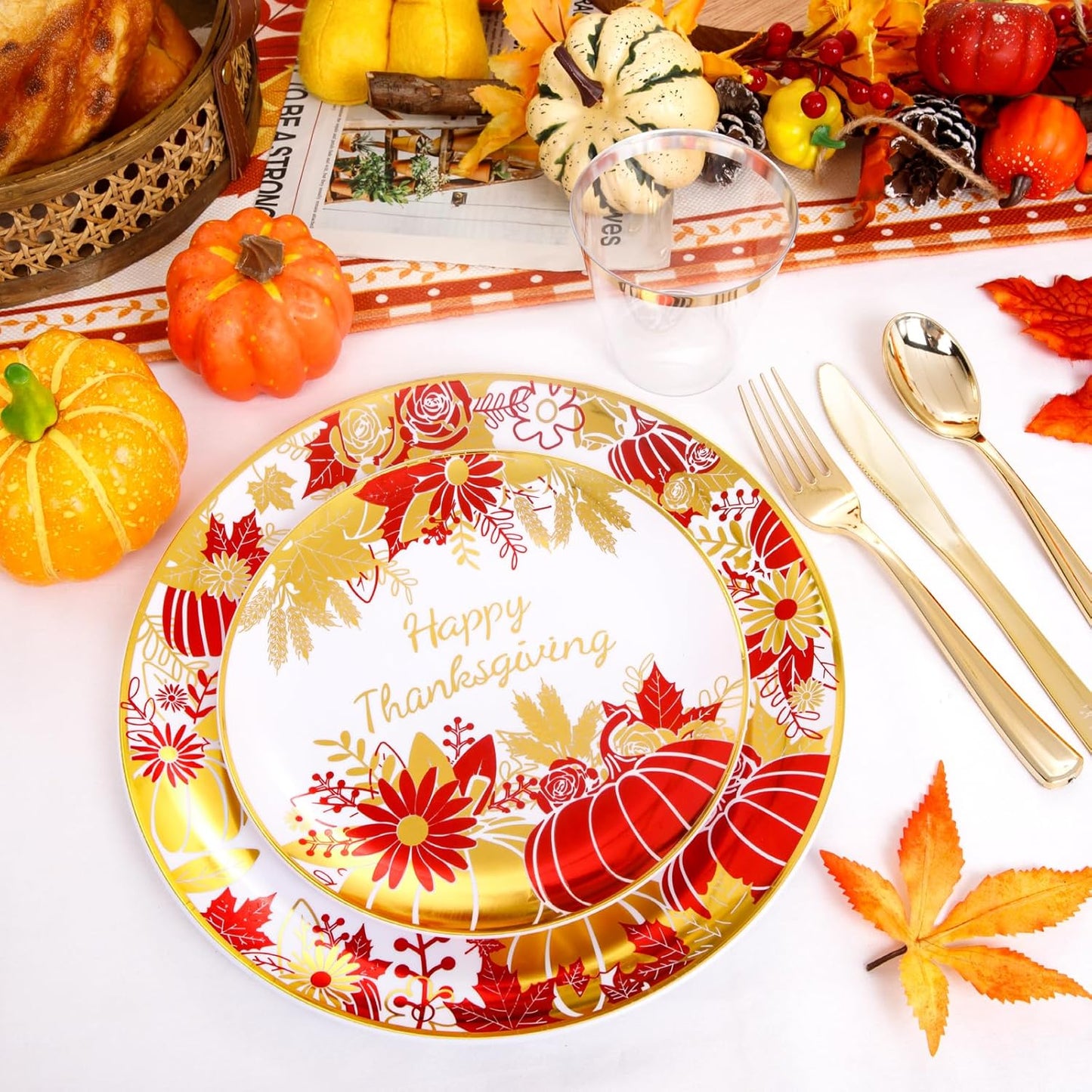 I00000 210Pcs Thanksgiving Plates Red and Gold Plastic Plate Dinnerware Set for 30 Guests Include 10.25" Dinner & 7.5" Dessert Plates, Pre Rolled Silverware Set, Cups for Party & Thanksgiving