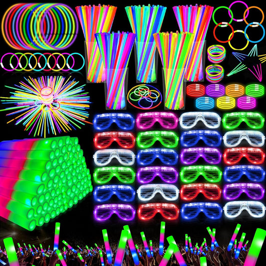 Camlinbo 148 PCS Glow in the Dark Party Supplies- 24 Pcs 16" Foam Glow Sticks, 24 Pcs LED Glasses, 100Pcs Glow Sticks Necklaces Bracelets Light Up Party Favors Pool Party Wedding Concert Halloween
