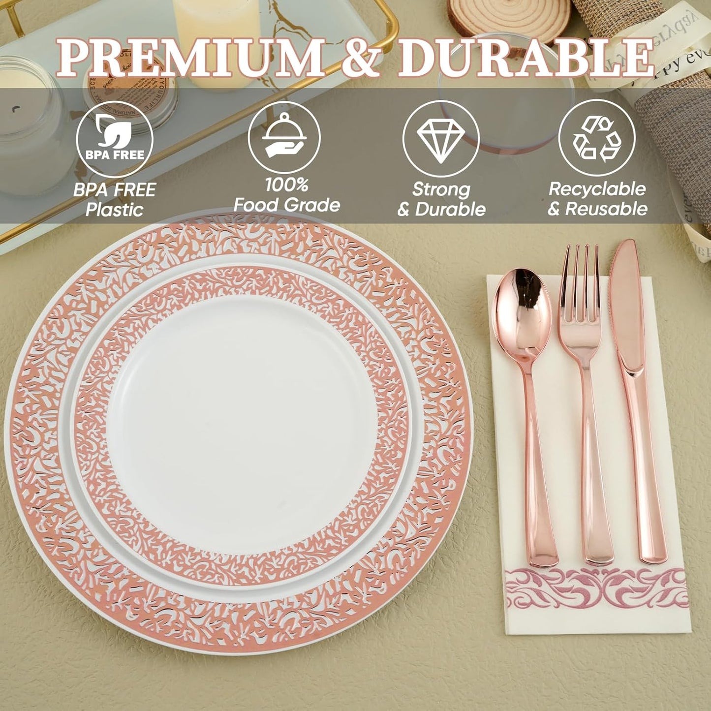 FOCUSLINE 175 Ct Rose Gold Dinnerware Set for 25 Guests, Plastic Plates with Rose Gold Lace Rim Design, Including 25 Disposable Dinner & Dessert Plates, Cups, Napkins, Cutlery Set