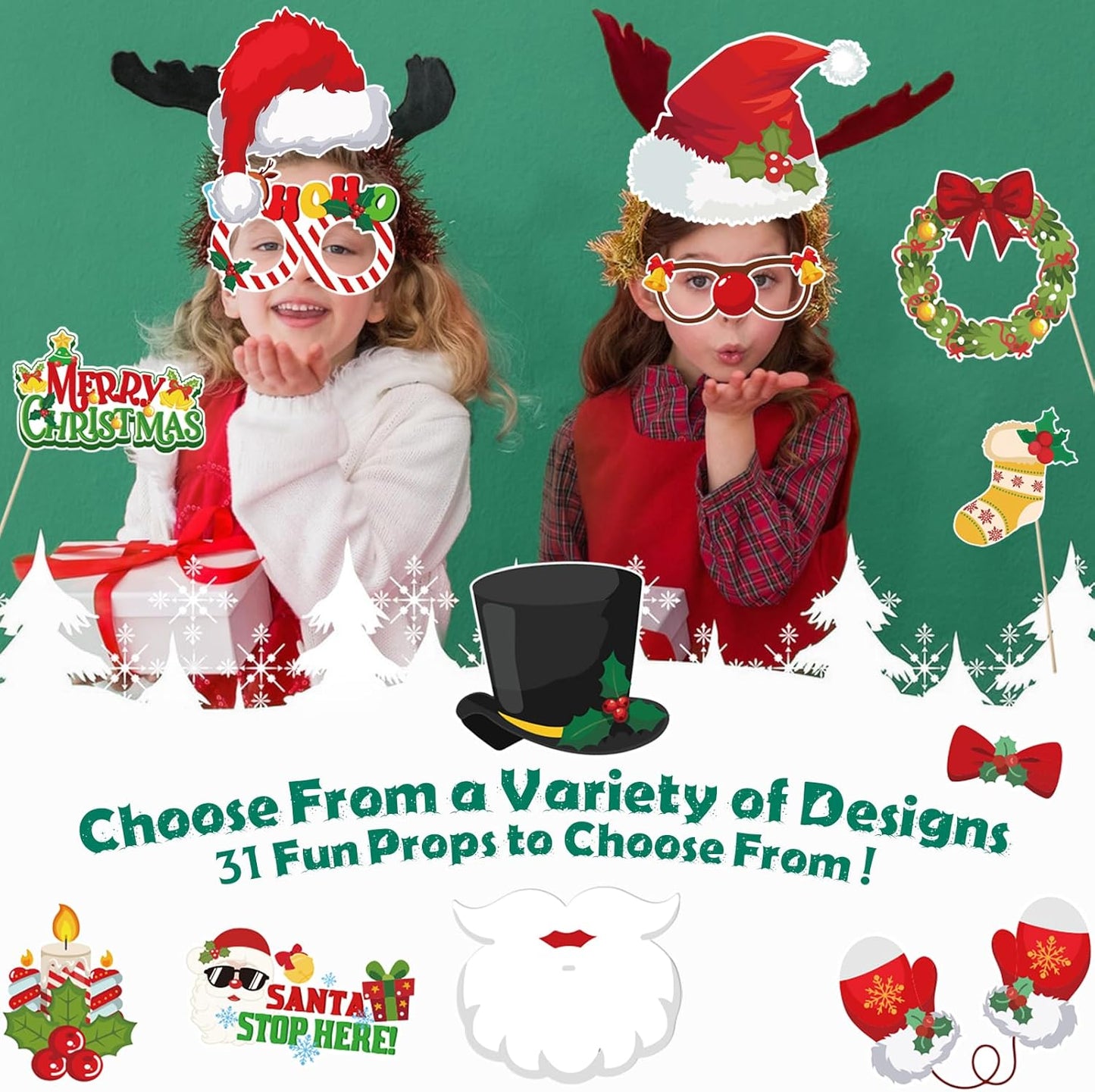 Christmas Photo Booth Props, 31Pcs Christmas Party Photo Shoot Props for Kids Adults for Xmas Holiday Party Photobooth Props Supplies