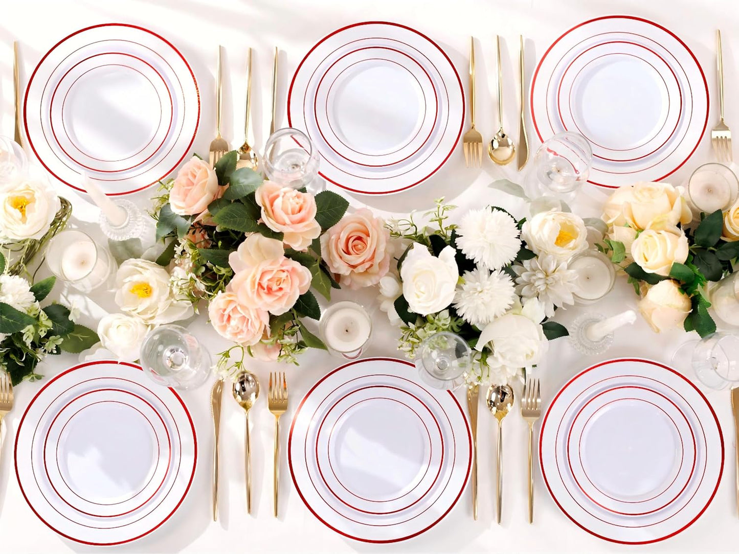 U-QE 100pcs Glitter Red Plastic Plates for Party - White Plates Disposable Heavy Duty - Include 50 10" Dinner and 50 7" Dessert Plate, Perfect for Party, Wedding(Glitter Red)