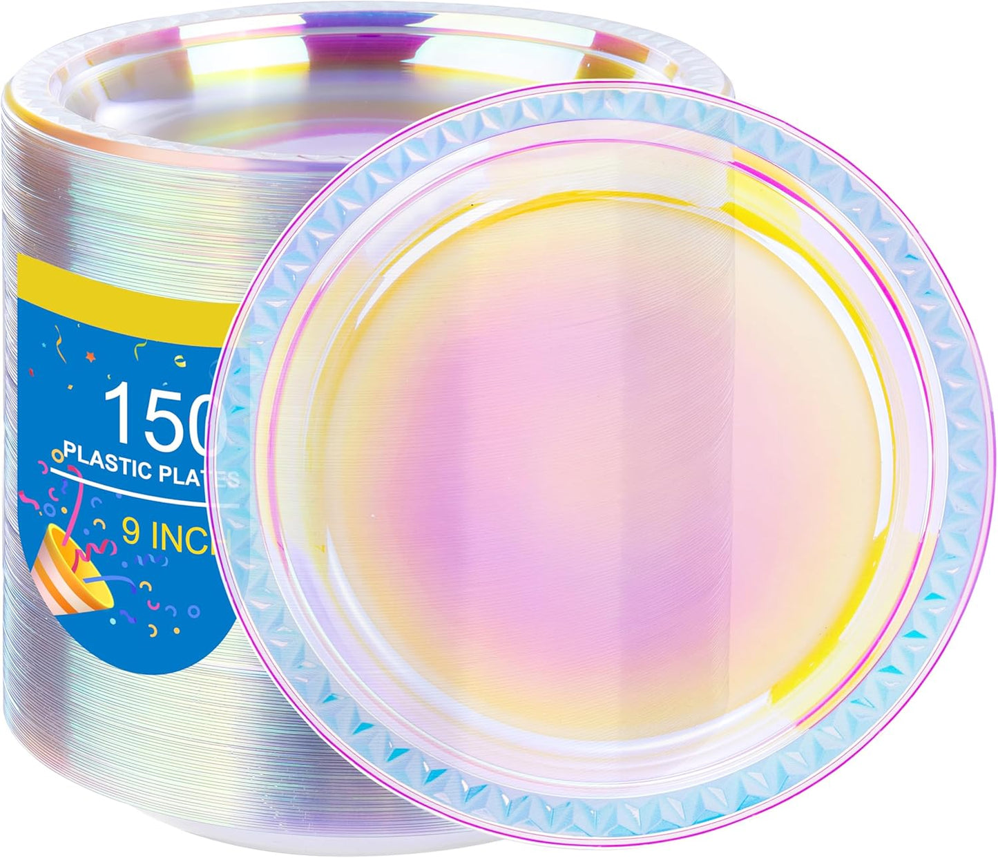 WELLIFE Iridescent Plastic Plates 9 Inch, 150 Count, Disposable Plastic Party Plates for Dessert Cake Easter Valentine's Day Wedding Birthday Bridal Disco Party Decor Baby Shower