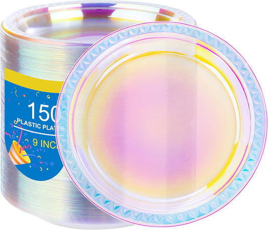 WELLIFE Iridescent Plastic Plates 9 Inch, 150 Count, Disposable Plastic Party Plates for Dessert Cake Easter Valentine's Day Wedding Birthday Bridal Disco Party Decor Baby Shower