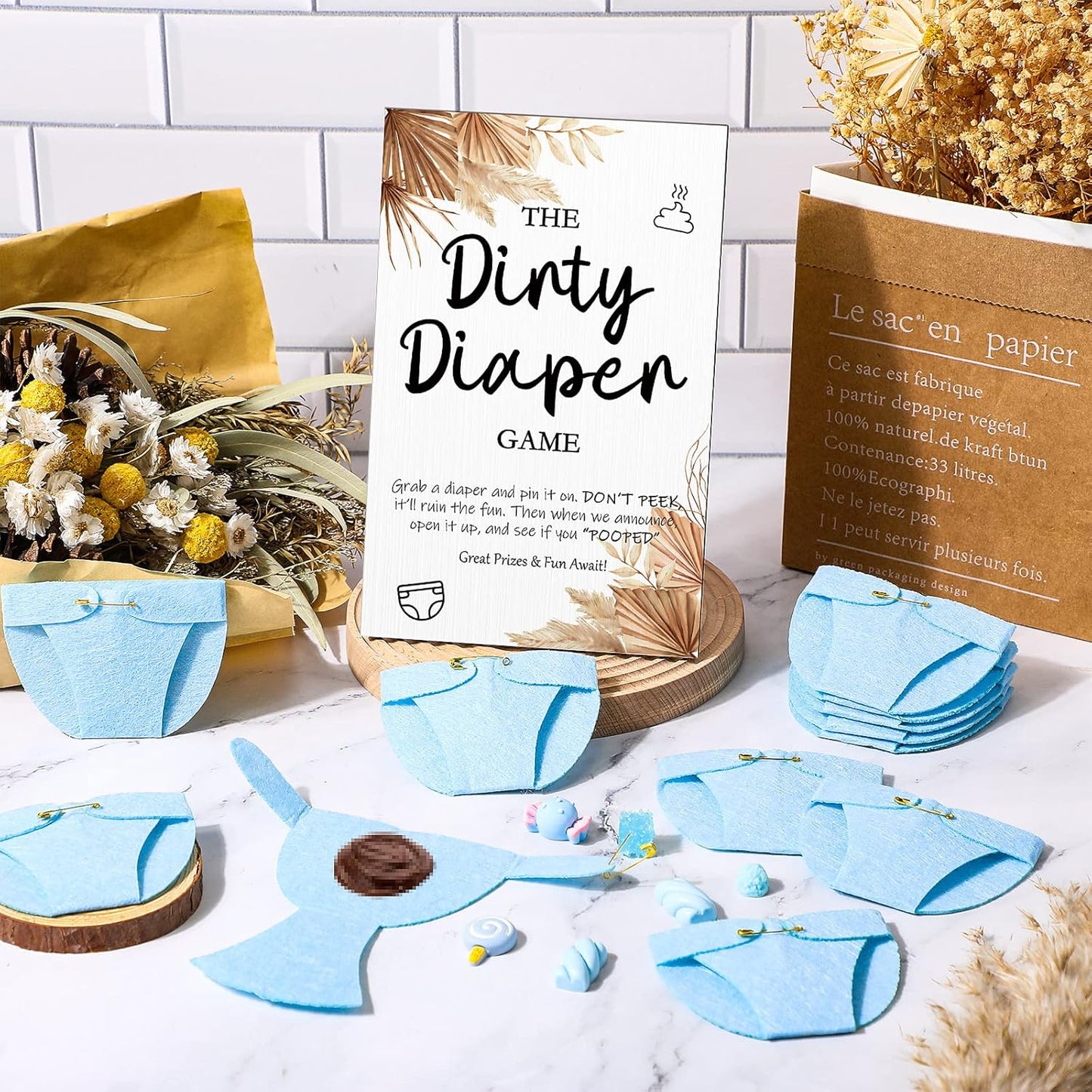 Roowest 51 Pcs Dirty Diaper Baby Shower Games Funny Wooden Sign with 50 Pcs Mini Diapers Cute Felt for Gender Reveal Party Baby Shower(Boho Blue)