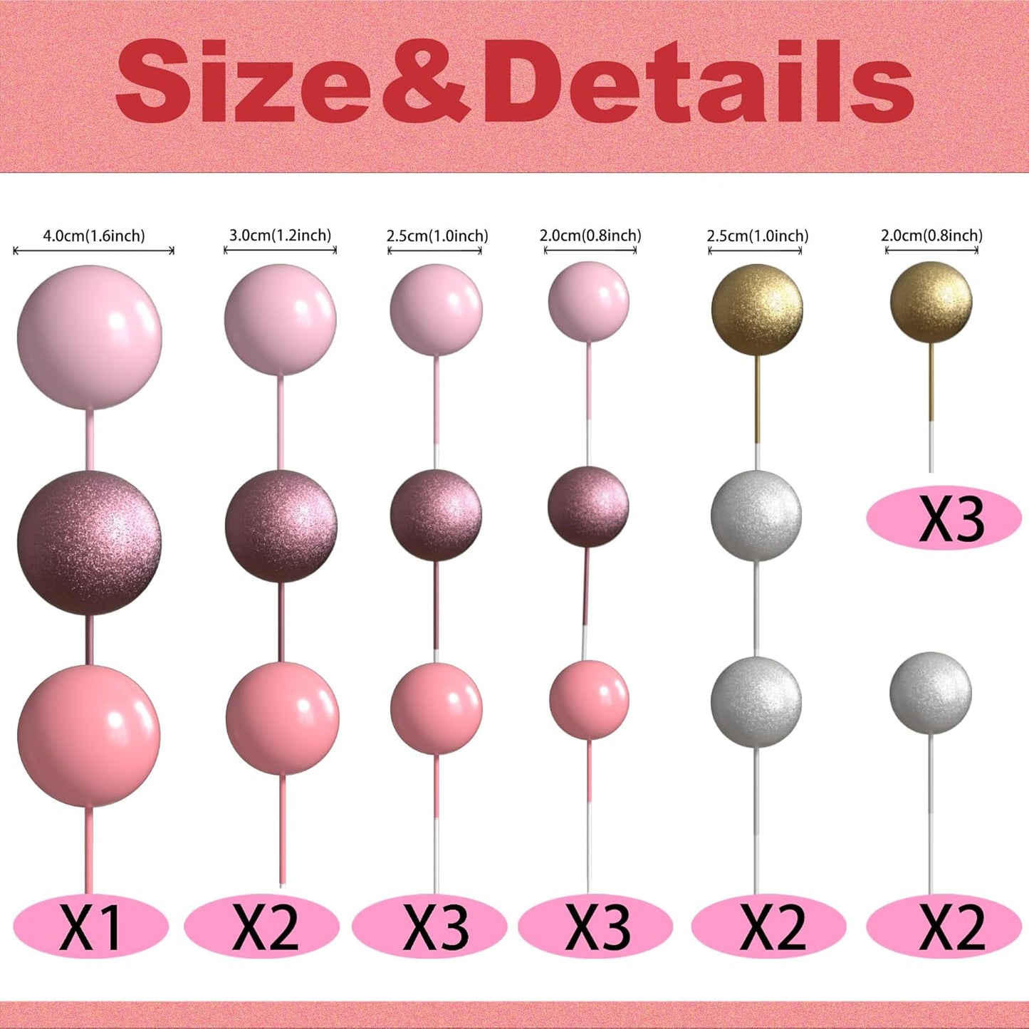 36 Pack Balls Cake Topper Decorations Foam Balloons Cake Decorations Mini Balloons Cake Toppers Balls Cake Picks for Baby Shower Wedding Anniversary Birthday Party Decorations Glitter Pink Gold Silver