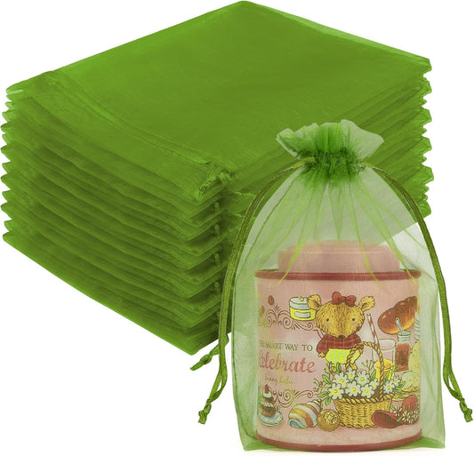 Crweety 50 Pcs 5x7 Inch Green Organza Bags, Small Mesh Bags Drawstring for Gifts, Elegant Jewelry Pouches for Wedding Favor, Spring Party Favor & Christmas St. Patrick's Day Decor