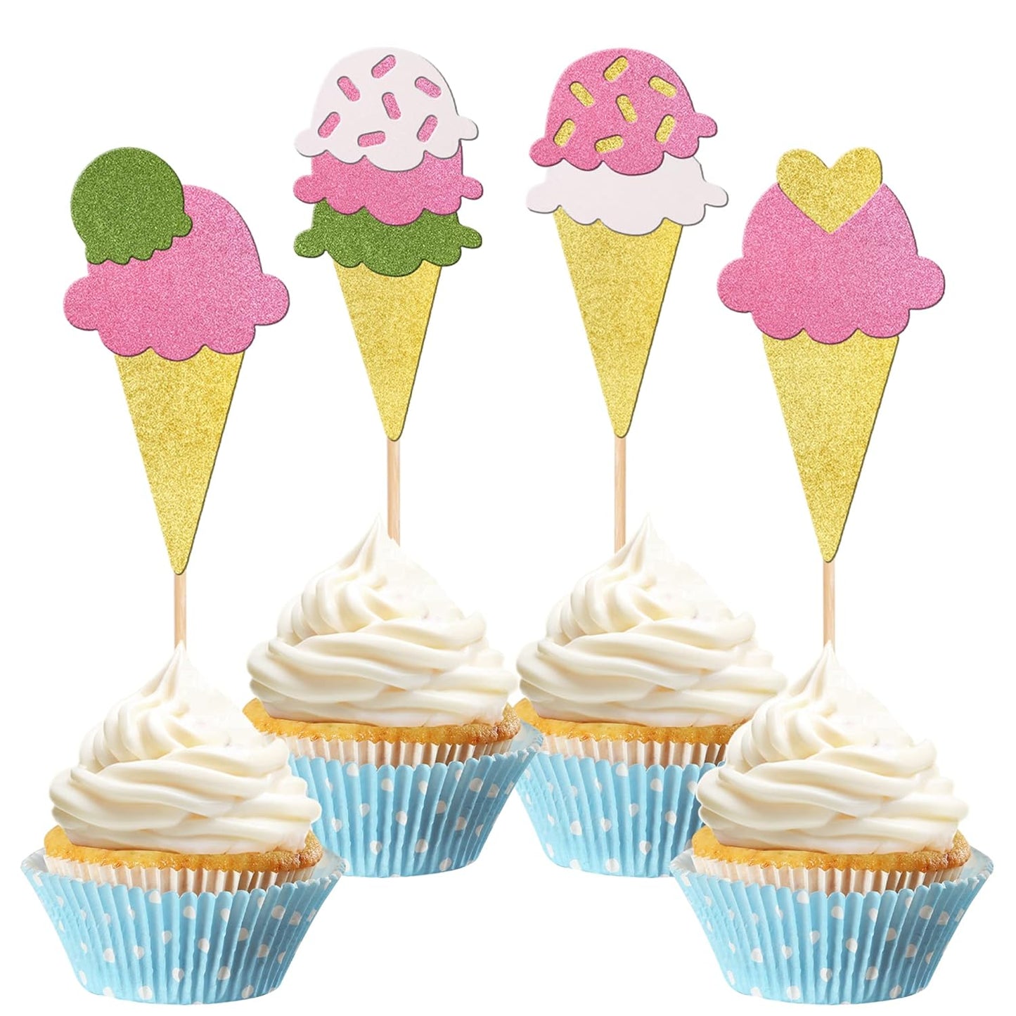 24 PCS Ice Cream Cupcake Toppers Assembled Glitter Paper Ice Cream Luau Cupcake Picks for Summer Hawaii Theme Baby Shower Wedding Birthday Anniversary Retro Party Cake Decorations Supplies