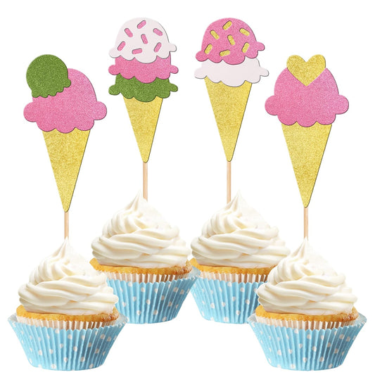 24 PCS Ice Cream Cupcake Toppers Assembled Glitter Paper Ice Cream Luau Cupcake Picks for Summer Hawaii Theme Baby Shower Wedding Birthday Anniversary Retro Party Cake Decorations Supplies