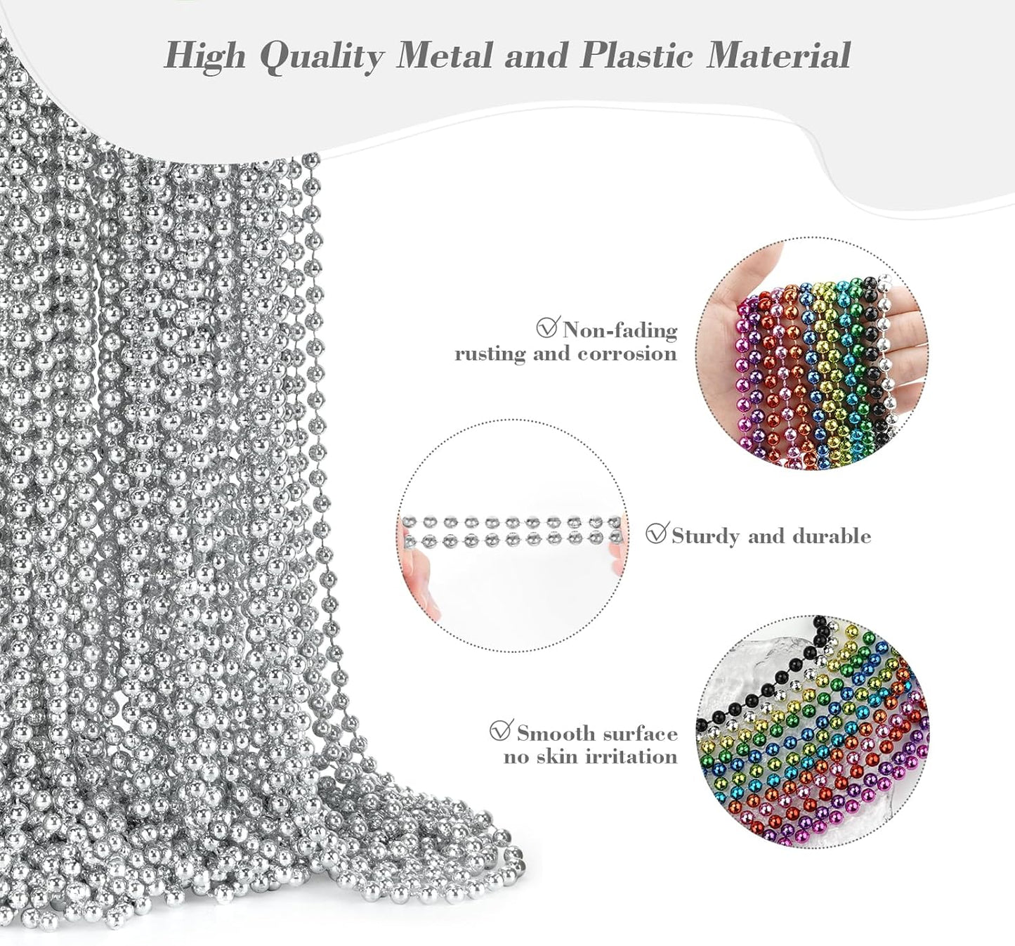 24 PCS Silver Bead Necklaces, Silver Mardi Gras Christmas Beads Necklaces, Patriotic Necklaces, 33 Inch Beaded Necklaces for Mardi Gras Christmas Party, 4th of July and New Year Eve Festive Events