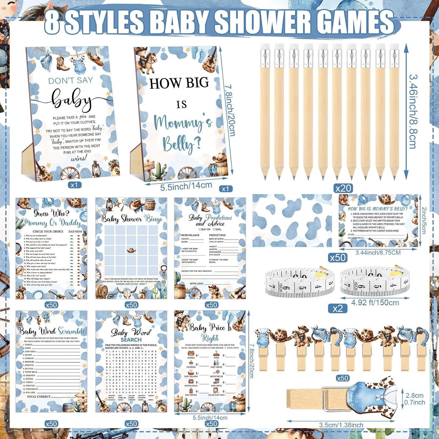 426 Pcs Cowboy Baby Shower Games Set-8 Games, Includes Baby Shower Bingo, Price is Right, Guess Who, Word Scramble, Prediction and Advice, How Big is Mommy's Belly, Don't Say The Words