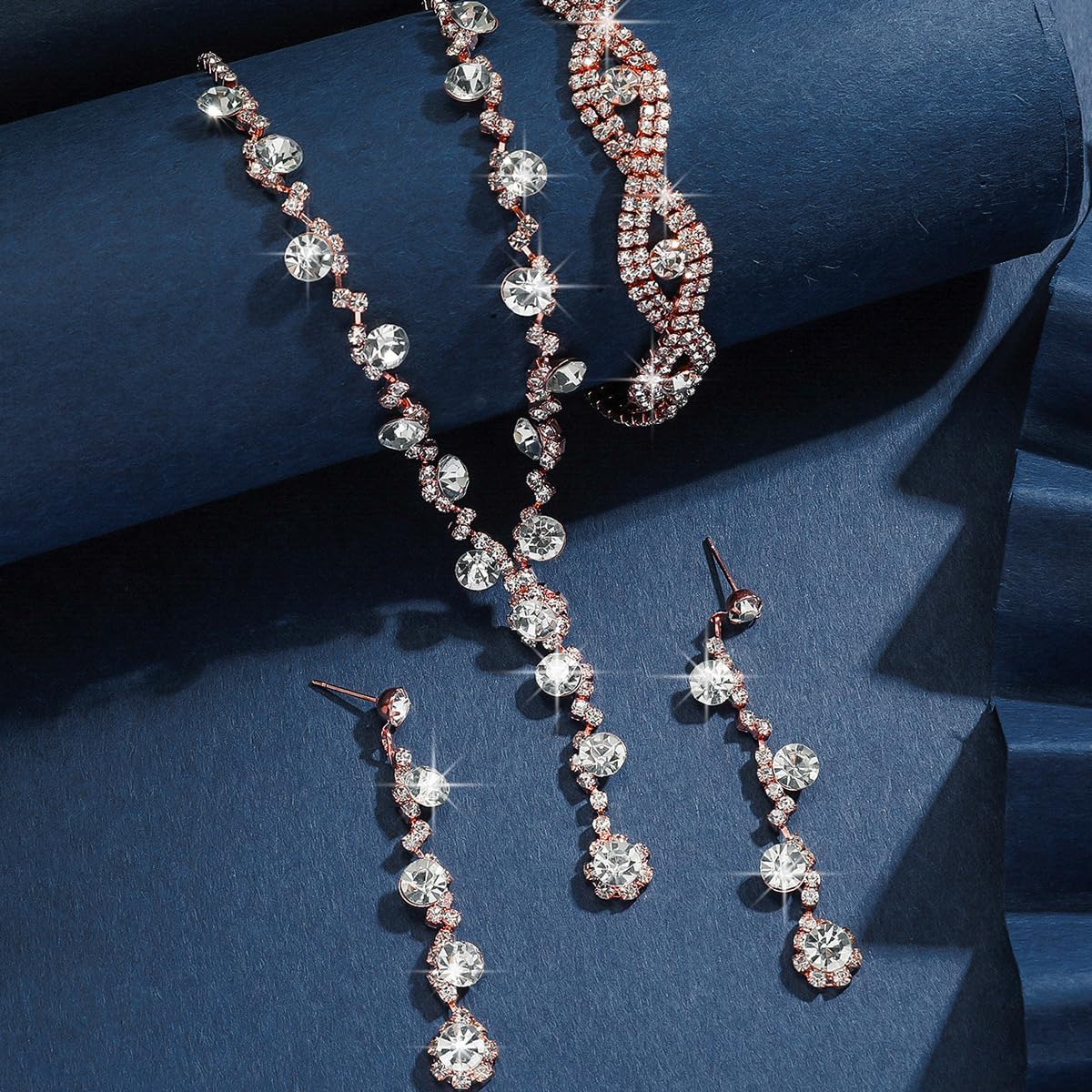 Prom Earrings Necklace Bracelet Set Elegant Crystal Rhinestone Necklace Earrings Bracelet Bridal Wedding Prom Dresses Costume Outfit Gold Jewelry Sets for Women