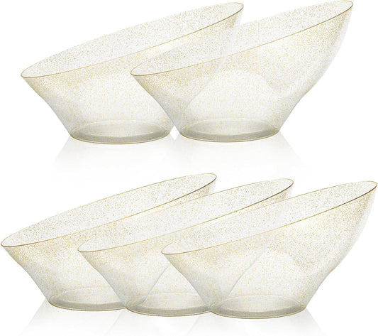 Goodluck 5 Pack Gold Glitter Plastic Serving Bowls for Party - 20 OZ Angled Disposable Serving Bowls for Wedding Party Chip, Candy, Salad & Fruit