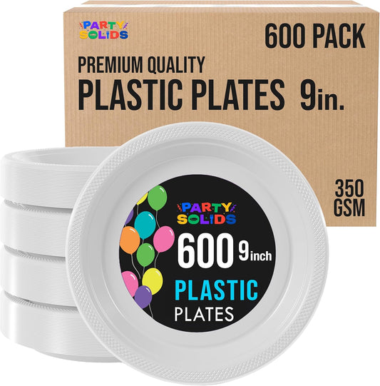 Party Solids White Plastic Plates Bulk 9" White Disposable Plates For Party Supplies 600 Pieces Disposable Dinner Plate Heavy Duty 350 GSM Plate Sets, Plastic Dinnerware Sets
