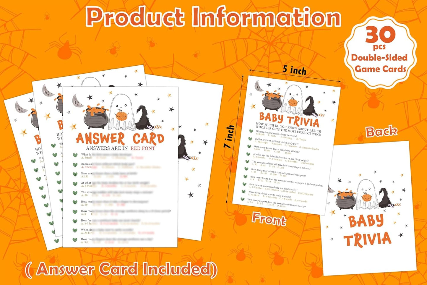 Halloween Baby Shower Trivia Game, 30 Halloween Gender Reveal Games for Guests (Included Answer Card) 5x7 inch, Perfect for Neutral Gender Reveal Decorations Party Favors Supplies