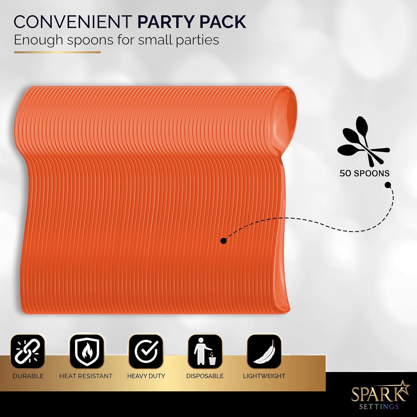 Disposable Orange Plastic Spoons - Heavy Duty, Ideal for Hot & Cold Food, Perfect for Home, Office, School, Parties & Weddings - 50 Pack