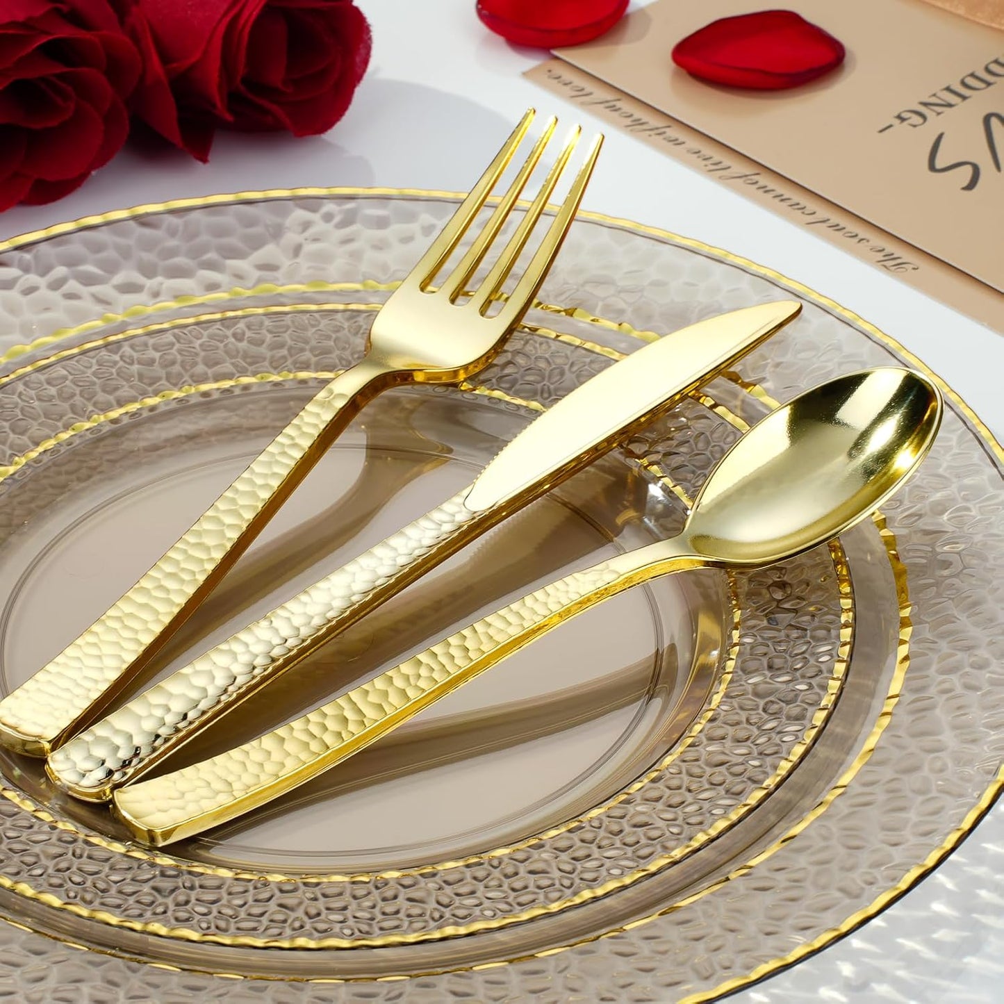 350PCS Clear Black Plastic Plates for 50 Guests, Disposable Dinnerware Set for Party and Graduation, Includes 100 Plastic Plates, 50 Pre Rolled Napkins with Gold Silverware, 50 Cups