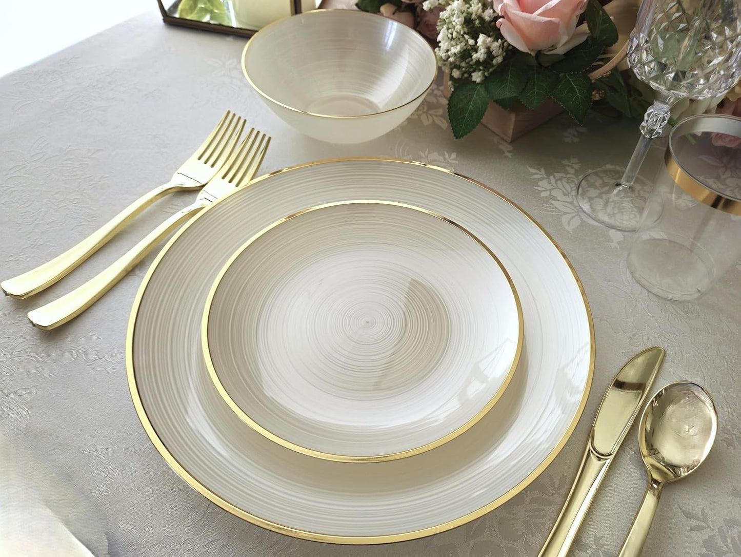 " OCCASIONS " 240 Plates Pack,(120 Guests) Premium Wedding Party Disposable Plastic Plates Set -120 x 10'' Dinner + 120 x 7'' Salad/Dessert (Belize in Ivory & Gold)