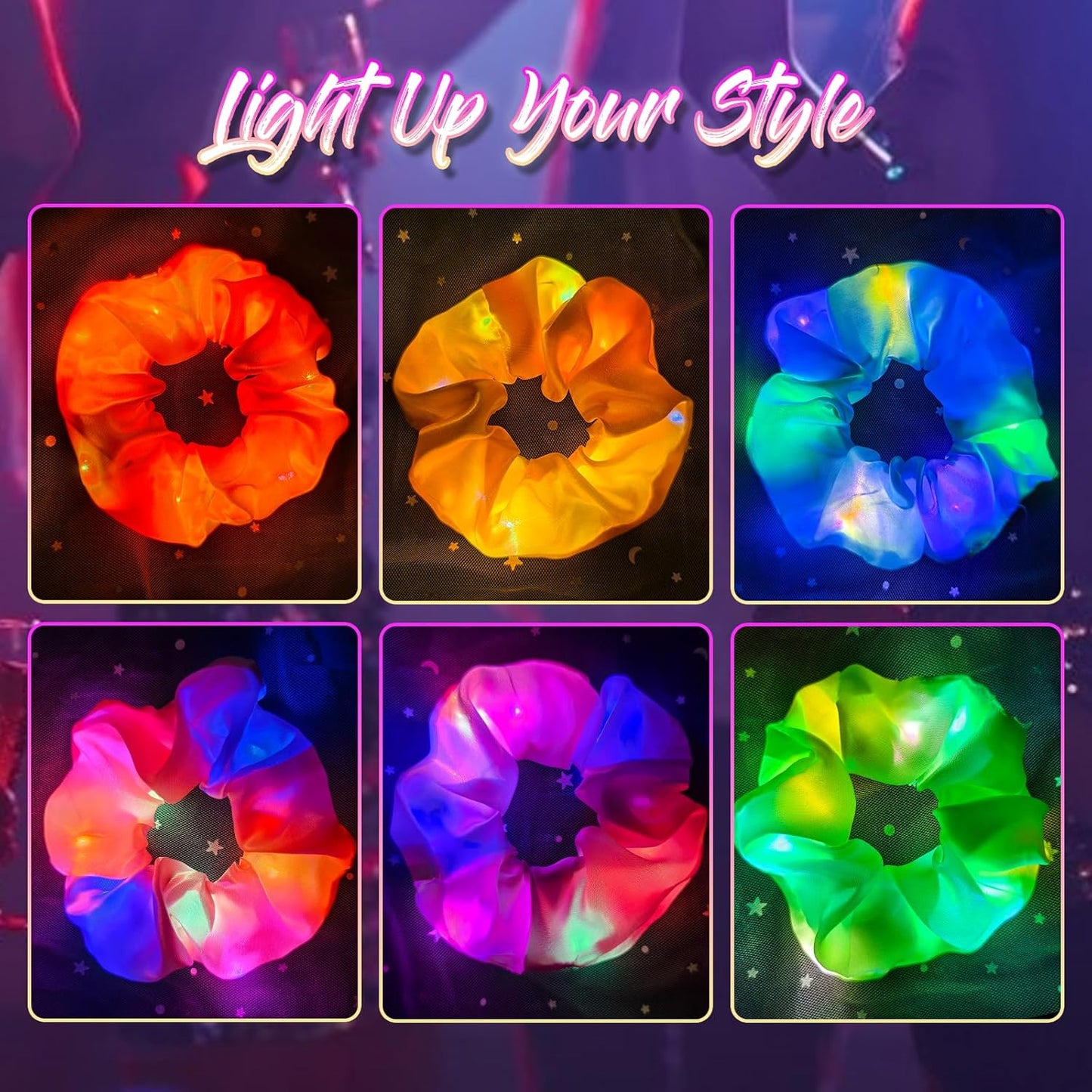 6 Pcs LED Scrunchies for Women, Colorful Satin Scrunchy, Light Up Scrunchies for Girls, 3 Light Modes, Glow in the Dark Hair Accessories