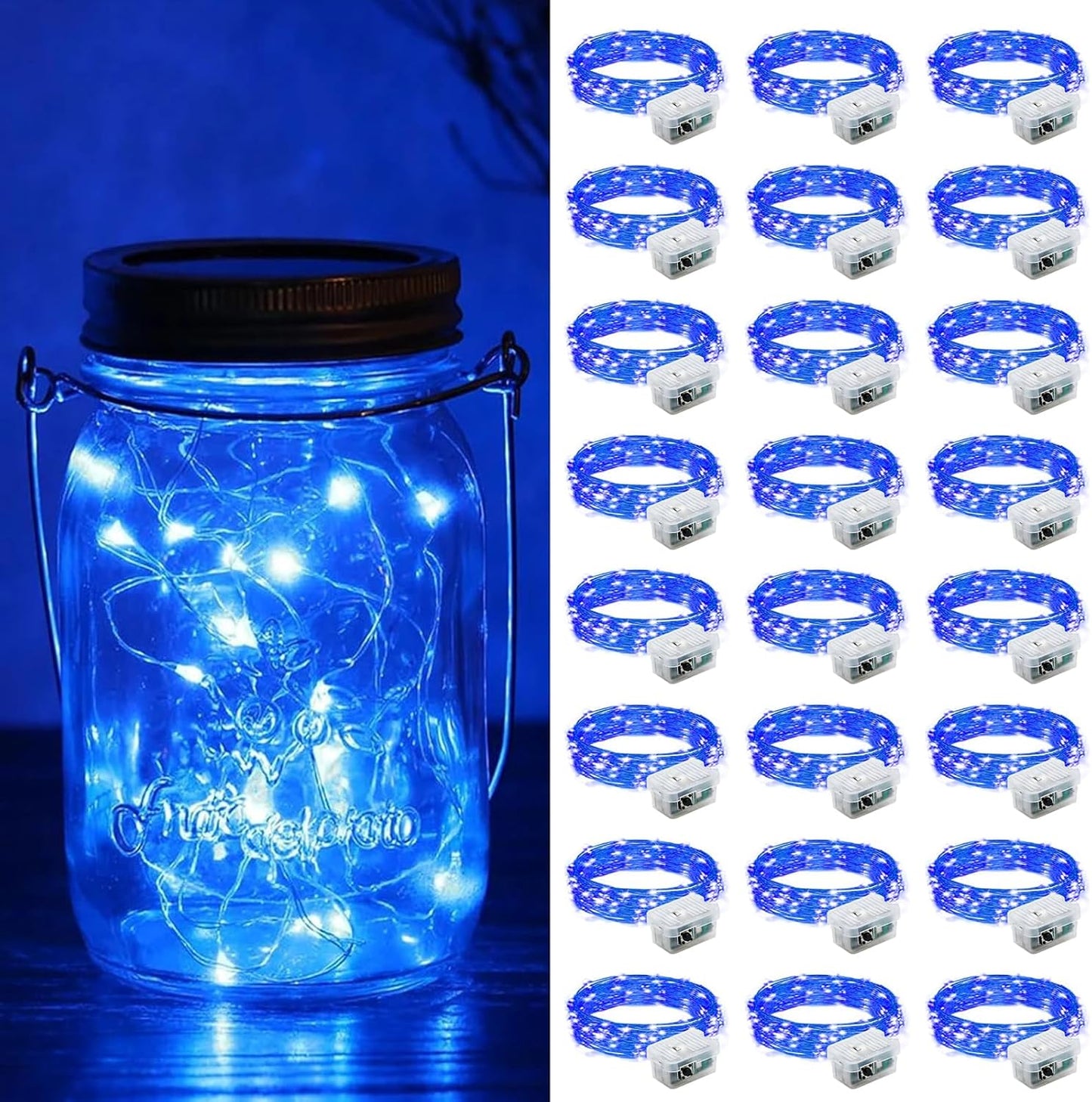 ZGWJ 24 Pack Fairy Lights Battery Operated, 7ft 20 Mini LED Fairy String Lights Silver Wire 3 Modes for DIY, Parties, Wedding, Bedroom, Halloween Christmas Decoration Blue