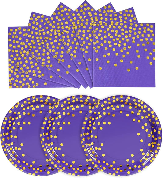 Purple and Gold Paper Plates and Napkins 200Pack-100 x 7'' Dessert plates & 100 x 6.5'' Napkins,Purple Paper Plates for Appetizers,Cakes and Salads,for Birthdays,Graduation,Bridal Parties,Carnival