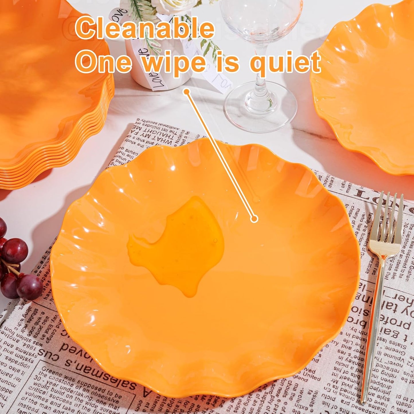 LIYH 20 Pcs 10 Inch Orange Plastic Scalloped Plates Reusable - Unbreakable Dinner Plates-Dishwasher Safe, Perfect for Halloween & Thanksgiving Party BPA Free