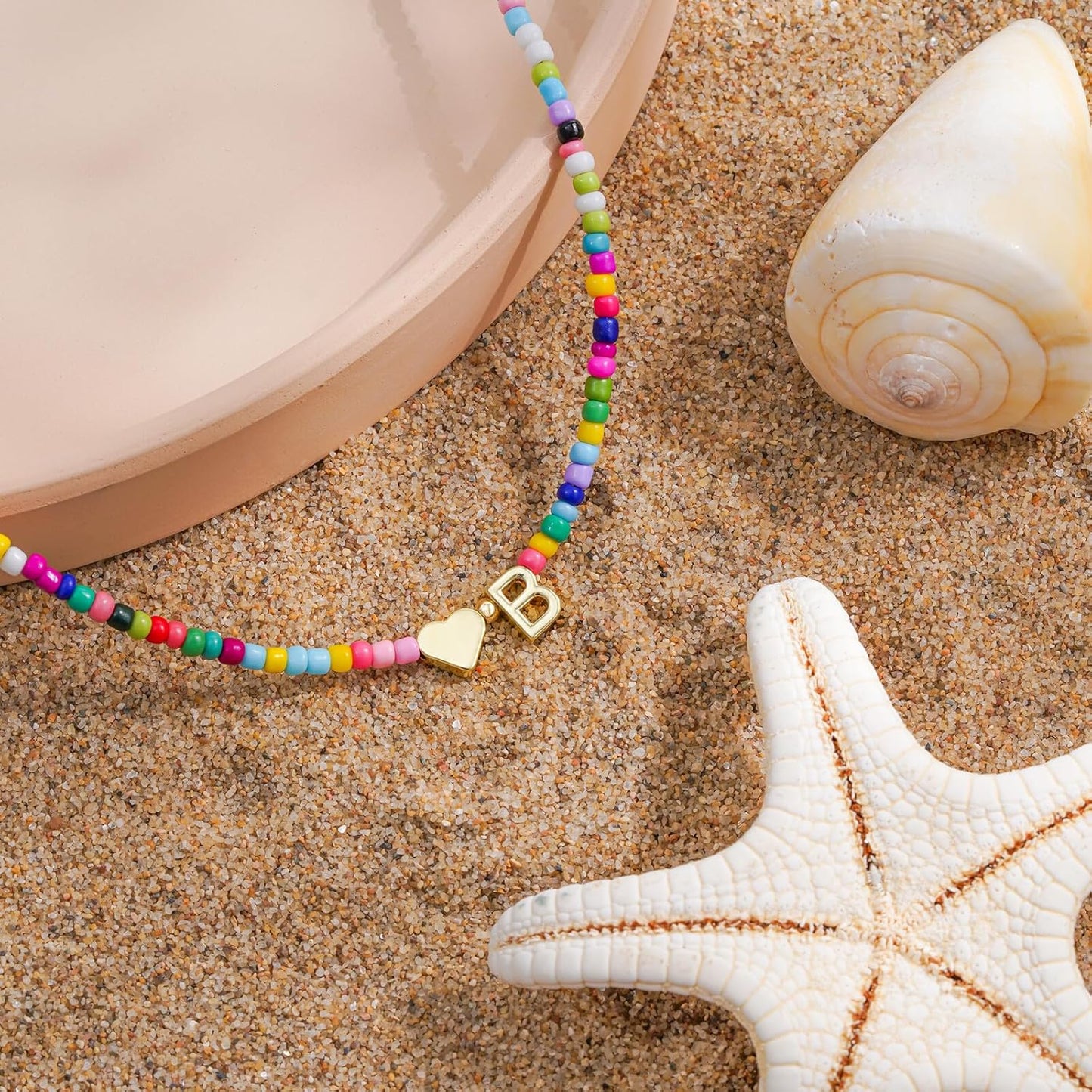 Turandoss Colorful Beaded Initial Necklaces for Women Girls, 14K-Gold-Plated Heart Letter A-Z Pendant Dainty Summer Jewelry Personalized Birthday Gifts for Teen Girls