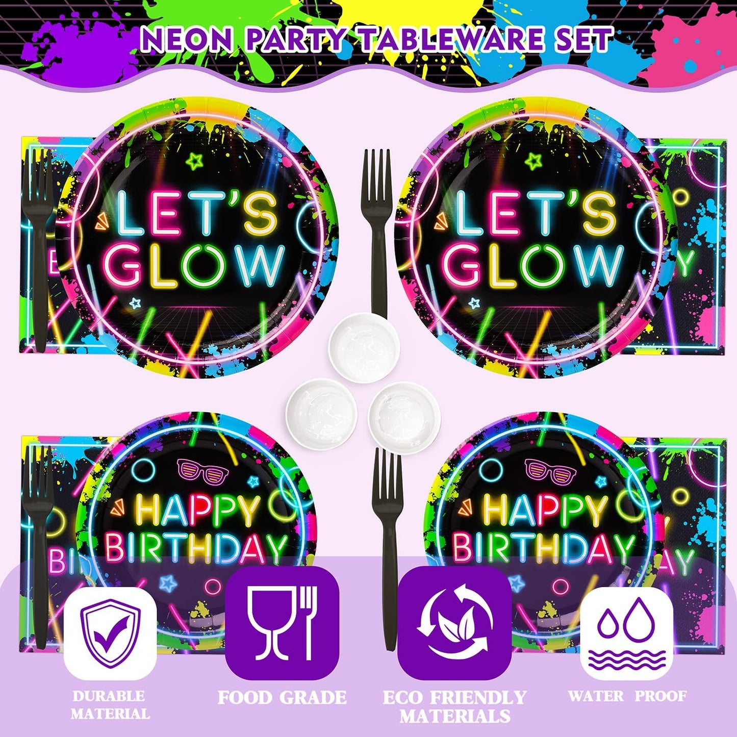 154Pcs Neon Party Supplies Set - Serves 24, Glow in the Dark Party Supplies, Includes Plates, Napkins, Banner, Hanging Swirls, Cups, Cutlery, Tablecloth for Glow Birthday Decorations