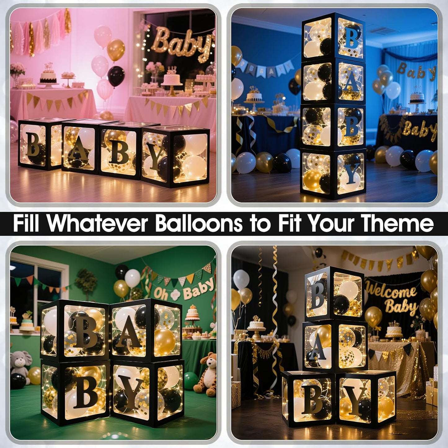 Ledido Baby Boxes with Letters for Baby Shower Decoration, 4 pcs Clear Balloon Boxes Blocks with LED Fairy String Lights 38 Balloons for Boy Girl Gender Reveal Birthday Party (Black)