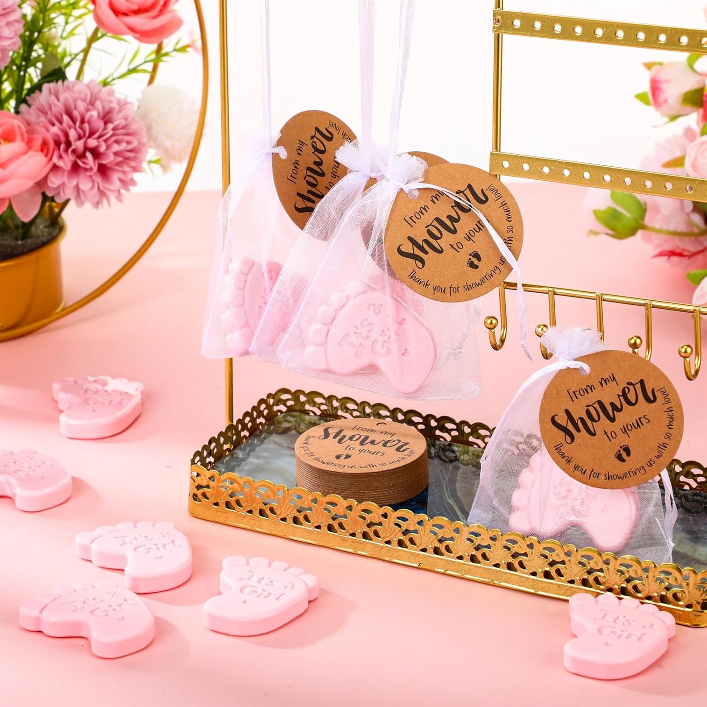 25 Sets Baby Shower Soap Favors for Guests Girl Boy Mini Footprint Handmade Scented Soaps with Thank You Tags and Organza Bags for Shower Gender Reveal Party Favors(Pink,Baby Feet)